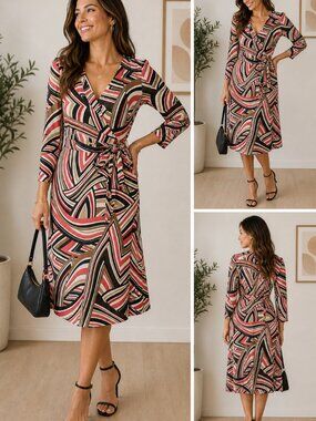 Ann Taylor LOFT Wrap Dress Size 6 Geometric Print Red Black Tan Belted